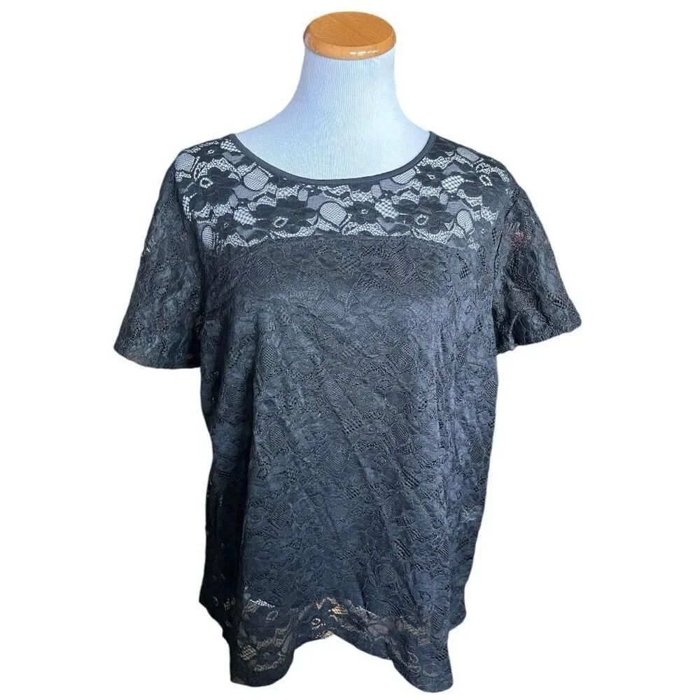 Womens Boutique Black Floral Lace Overlay Top Blouse - Sz 3X